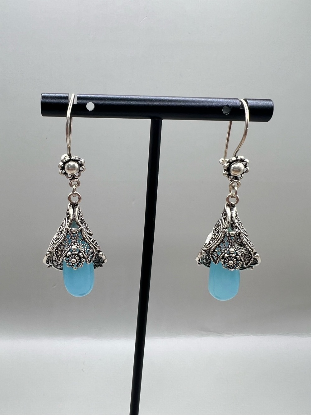 DGS Turkey Sterling Silver Blue Chalcedony Filigree Dangle Earrings